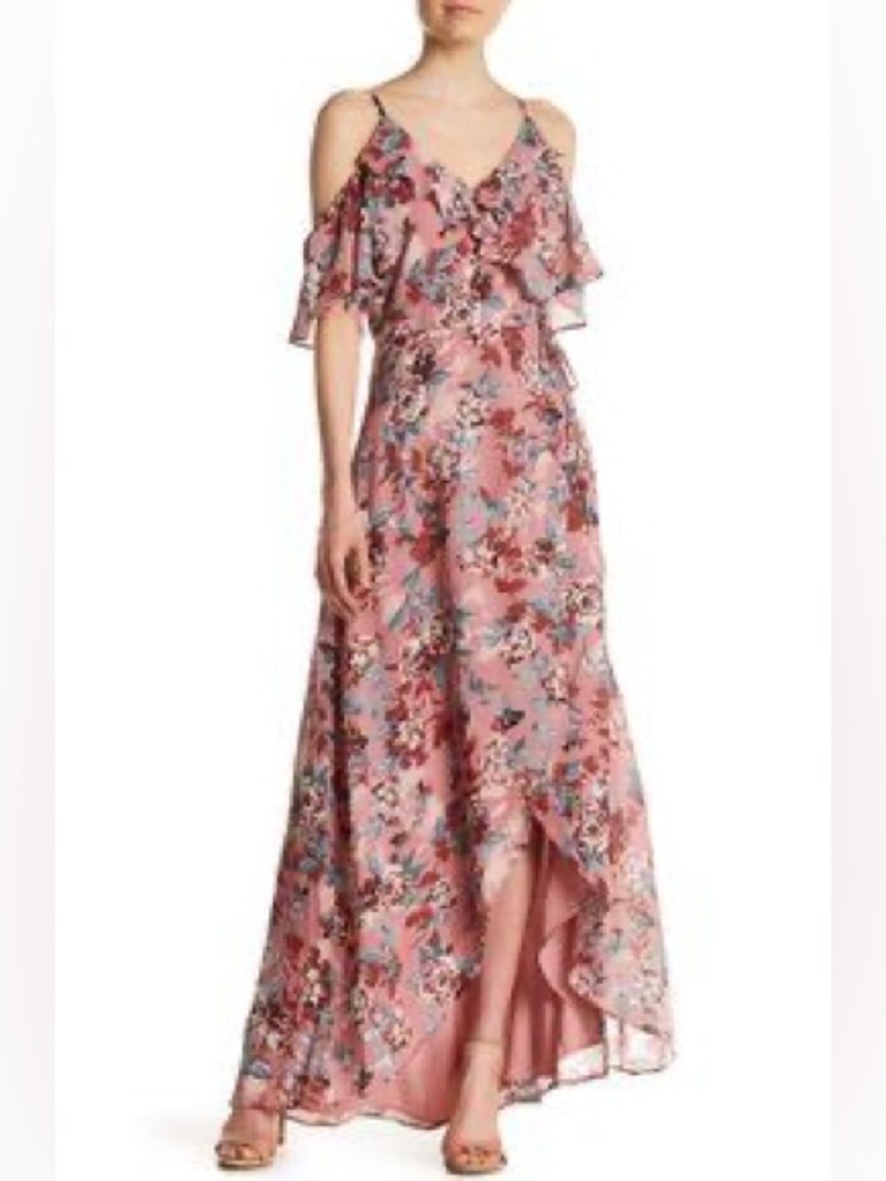 Pink Floral Cold-Shoulder High-Low Maxi Dress